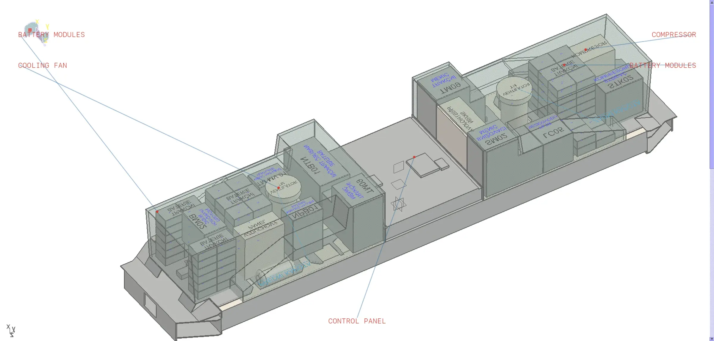 Equipment layout of a hybrid conversion: battery modules, cooling, compressor and control panel